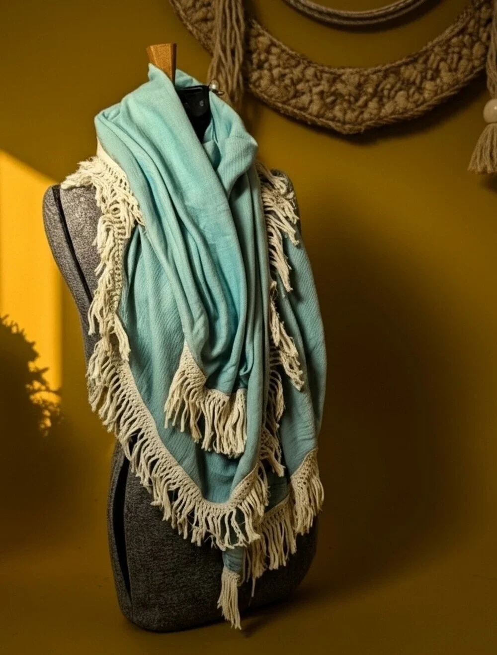 Light Blue 100% Cotton Semi Sheer Demi-Lune Half Moon Fringe Shawl Scarf Wrap